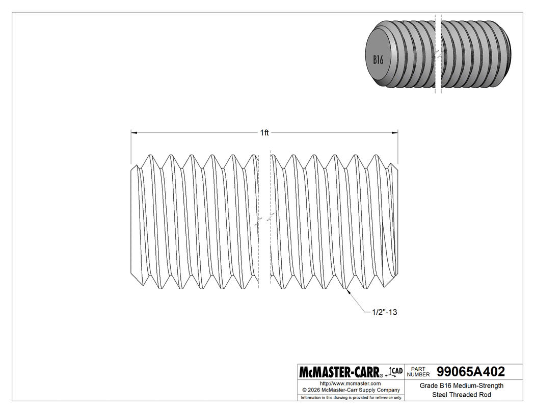 Technical Drawing of Grade B16 Medium-Strength Steel Threaded Rod, 1/2"-13 Thread Size, 1 Foot Long.